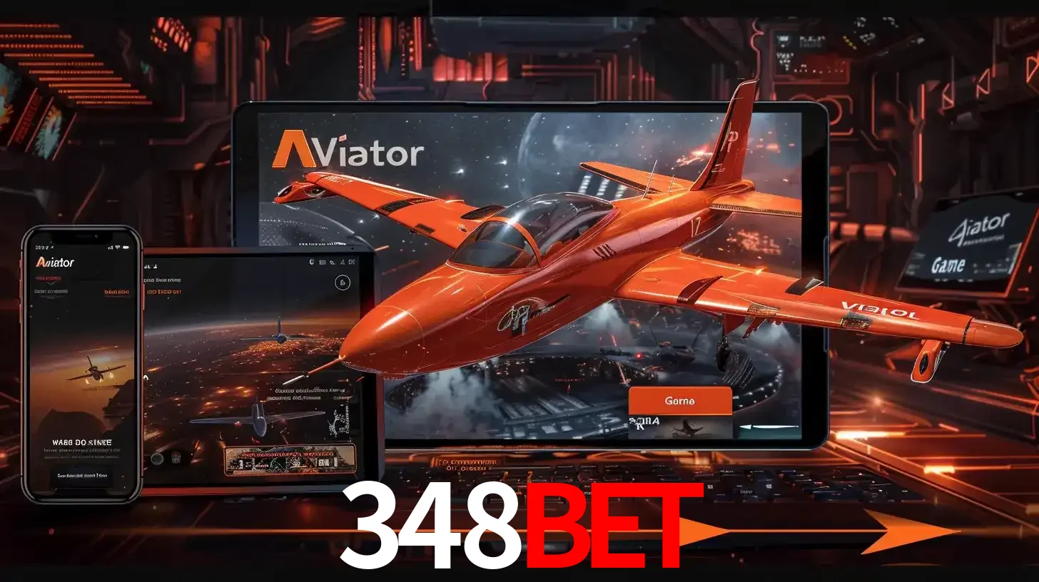 Apresentação tecnológica do jogo Aviator com um avião saindo da tela de um tablet, demonstrando a experiência imersiva em múltiplos dispositivos no 348BET.