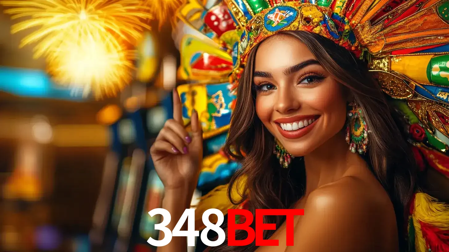 Mulher sorridente com um cocar de carnaval vibrante e colorido, celebrando uma grande vitória nos jogos do cassino 348BET com fogos de artifício ao fundo.