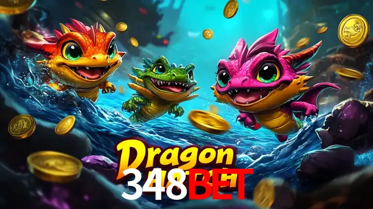 Arte promocional do jogo Dragon Hatch com três adoráveis dragões bebês nadando entre moedas de ouro, um dos slots mais divertidos para jogar no cassino 348BET.