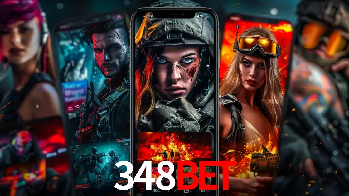 Montagem de telas de celular mostrando diversos personagens, masculinos e femininos, de um jogo de tiro, ilustrando a diversidade de equipes de e-sports para apostar no 348BET.
