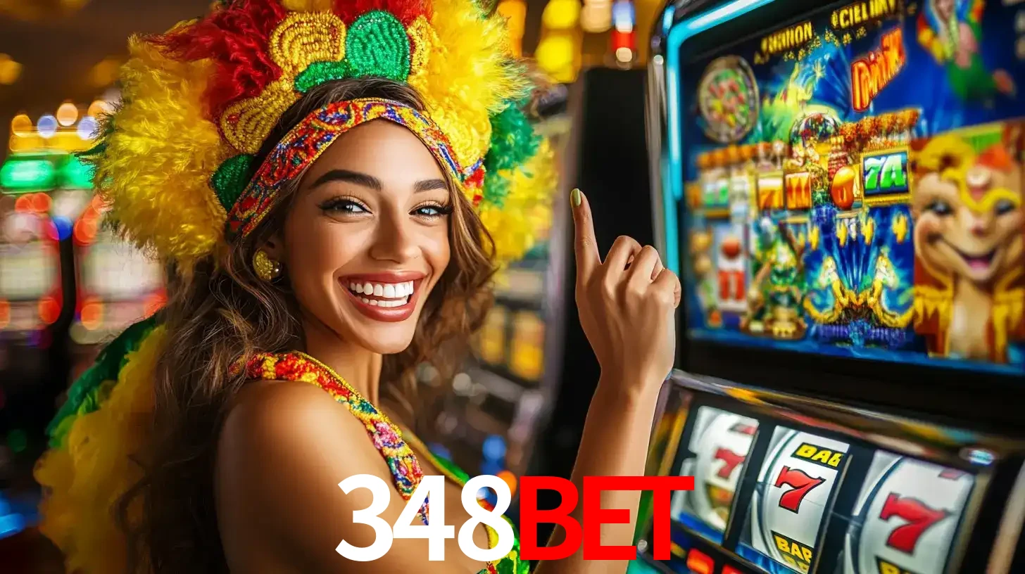 Mulher animada com um cocar de carnaval apontando para uma máquina de caça-níqueis, mostrando a emoção de ganhar um grande prêmio nos jogos do 348BET.