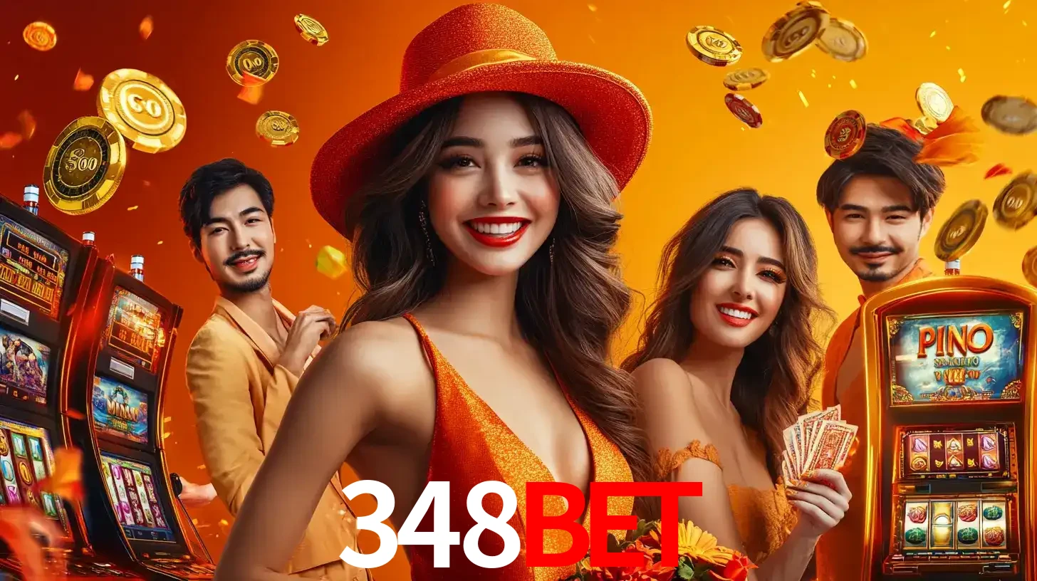Grupo de amigos asiáticos sorrindo e se divertindo com máquinas de caça-níqueis em um ambiente festivo, celebrando suas vitórias nos jogos de cassino do 348BET.