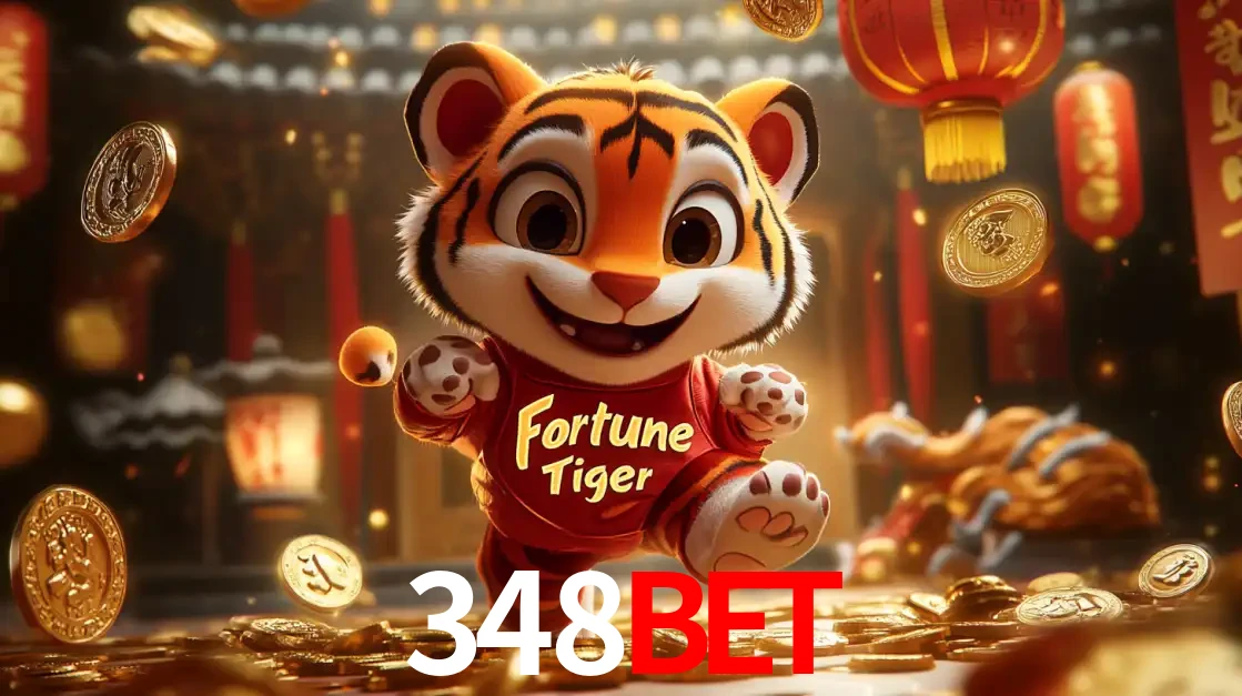O alegre personagem do Fortune Tiger correndo sobre um caminho de moedas de ouro, simbolizando os grandes prêmios e a diversão do popular jogo de slot do 348BET.