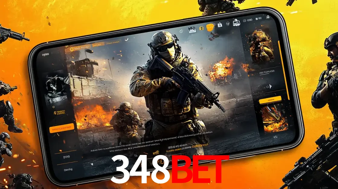 Um smartphone exibindo a interface de um jogo de tiro em primeira pessoa, com um soldado em um cenário de batalha, representando a ação dos e-sports para apostar no 348BET.