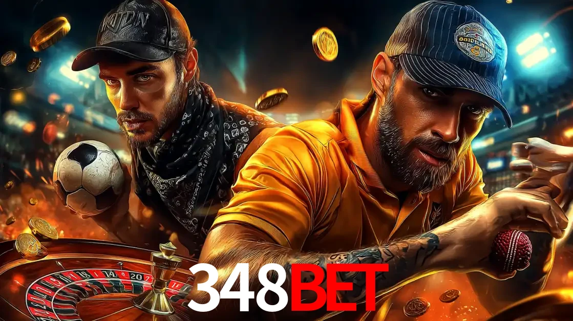 Montagem de apostas esportivas e cassino no 348BET, com um homem segurando uma bola de futebol e outro uma de beisebol sobre uma roleta e moedas voadoras.