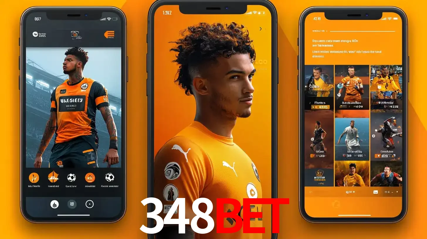 Interface do aplicativo de apostas esportivas 348BET em três telas de celular, mostrando o perfil de um jogador de futebol e a lista de jogos disponíveis para apostar.