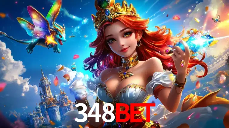 A princesa de um reino de fantasia mágico, com seu pequeno dragão, apresentando um mundo de prêmios encantados nos jogos de caça-níqueis do cassino 348BET.