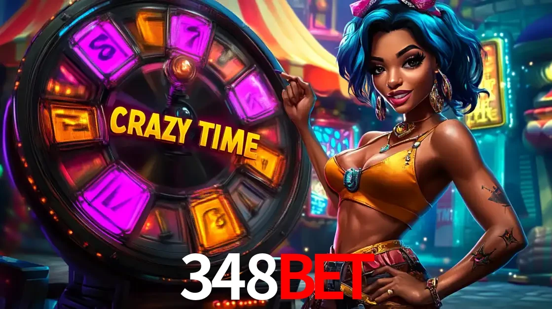 Mulher estilizada com cabelo azul e visual vibrante posando ao lado da roda de prêmios do game show Crazy Time, convidando para a diversão e os bônus do cassino 348BET.