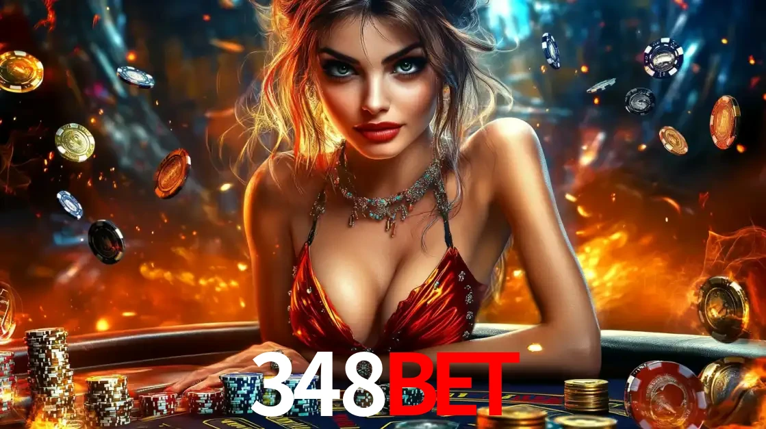 Mulher em uma mesa de cassino com pilhas de fichas e um fundo de fogo, pronta para uma rodada de altas apostas nos jogos de mesa emocionantes do cassino 348BET.