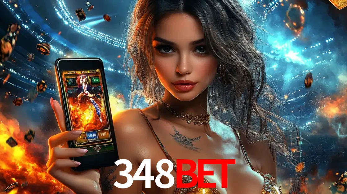 Mulher segurando um celular com um jogo de slot em destaque, tendo como fundo um estádio vibrante, simbolizando a emoção de jogar no cassino móvel 348BET.