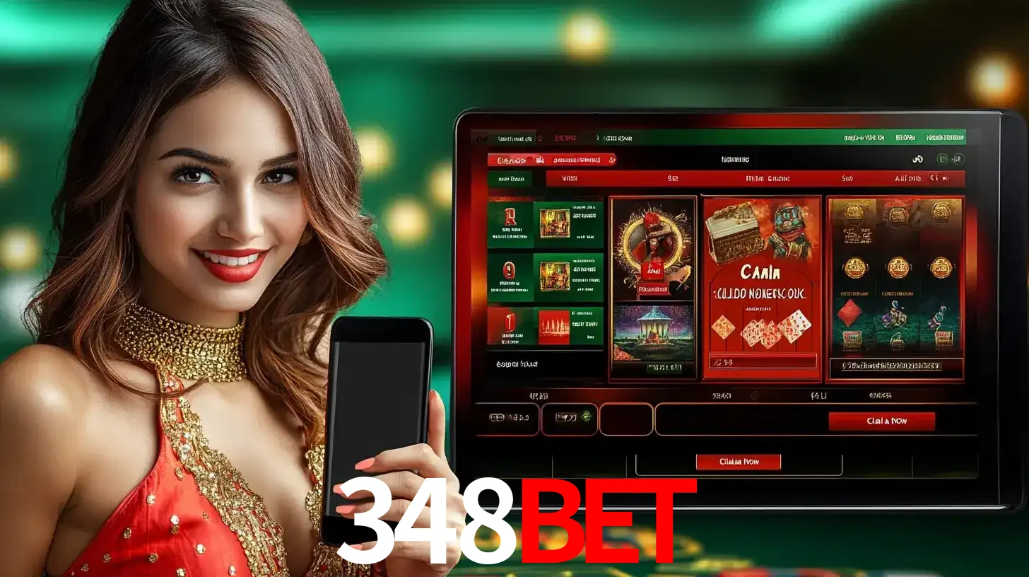 Mulher sorridente segurando um smartphone, ao lado de uma tela exibindo o lobby de jogos do cassino online 348BET, com várias opções de jogos de cartas e slots.